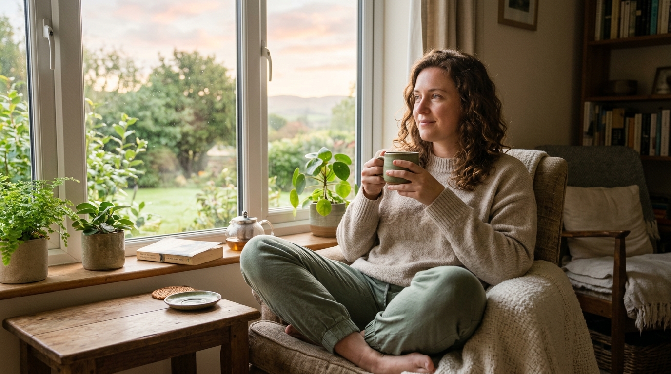 Žena relaxuje pri okne počas rána a pije čaj — pohoda a energia tela